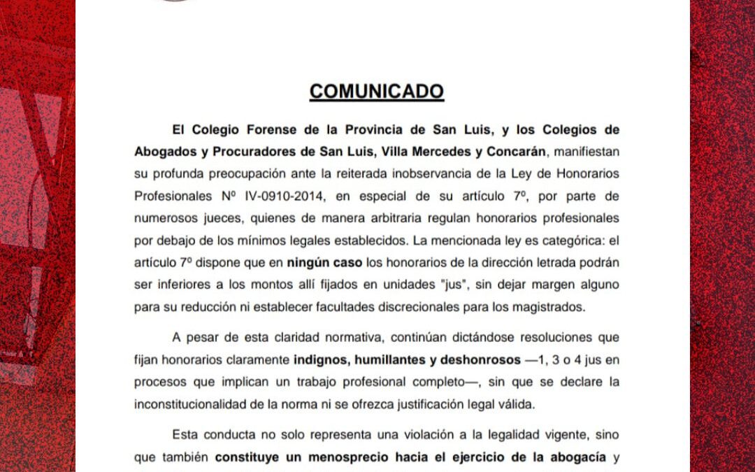 Comunicado conjunto de los Colegios de Abogados de San Luis